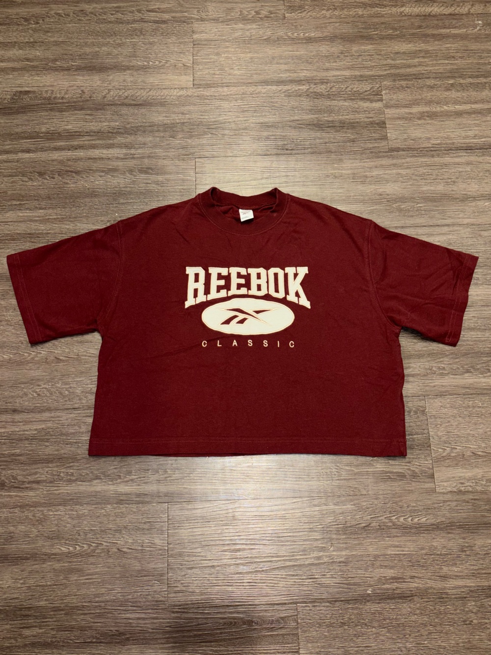 Reebok Maroon Logo Crop Tee with Cream Print